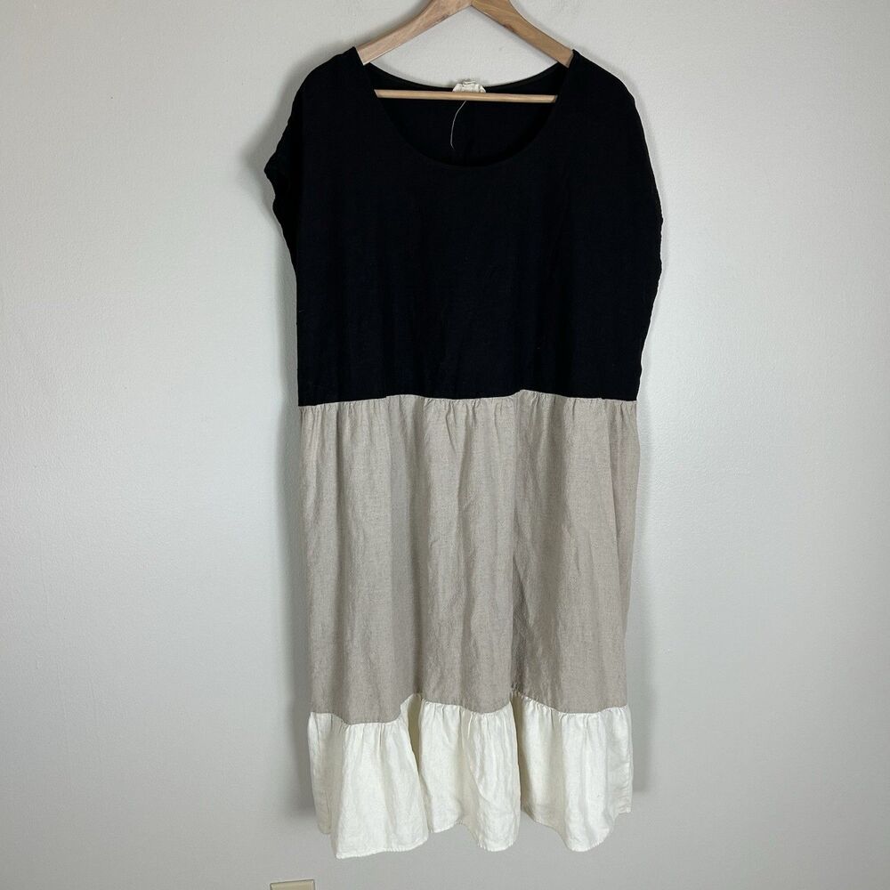 52seven 2X Beige Linen Shift Dress Tiered Lagenlook